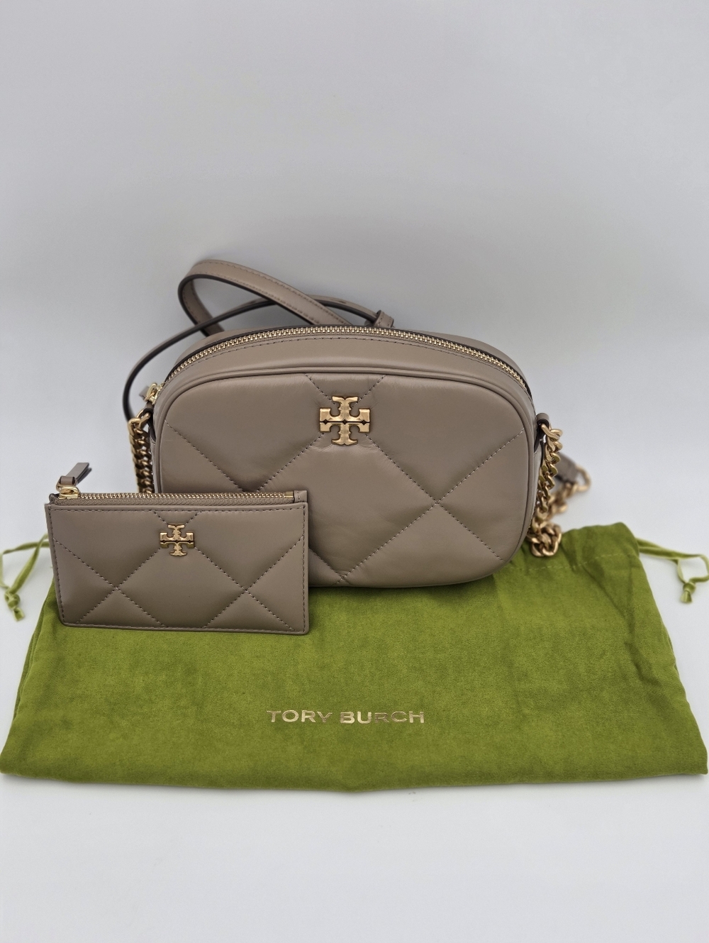 Tory Burch Kira Diamond Quilt Crossbody and Card Case in Taupe/Gold